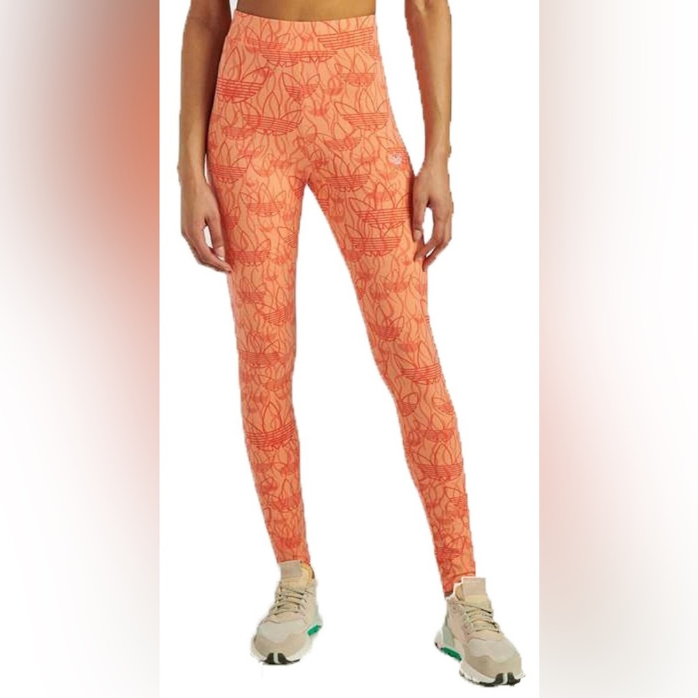 🆕 Adidas | Vibrant Orange Classic Trefoil Patterned Cotton Leggings NWOT